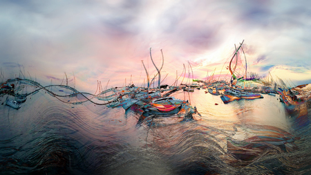 Sunset, dusk at marina - illustrationの写真素材