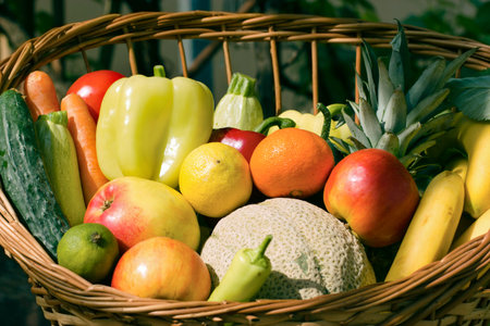 Fresh organic fruit and vegetable in wicker basket