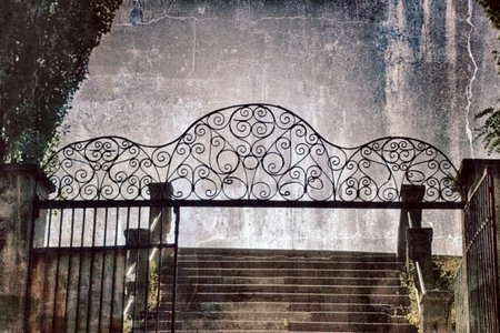 Illustration of old iron, rustic gates and stairs (staircase)