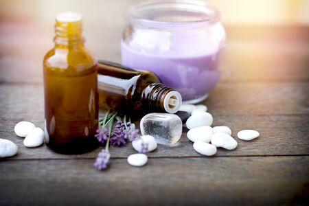 Healthy lifestyle for relaxation, using essential lavender oil in treatment, massage and therapyの写真素材