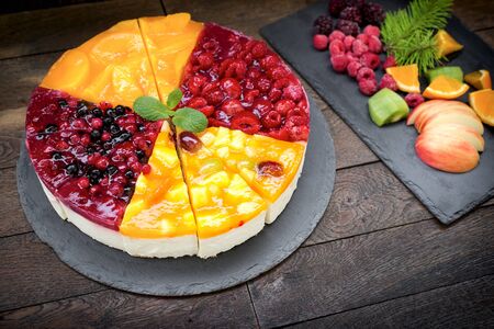 Creamy fruit cake rich with fruit and cream, a delicious treat for any celebrationの写真素材