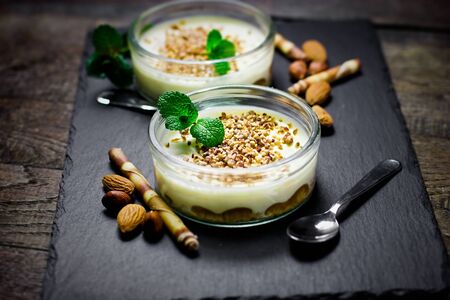 Delicious cheesecake creamy made with hazelnut, almond, walnut and peanutの写真素材