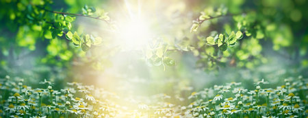 Beautiful nature in spring, young spring leaves and chamomile