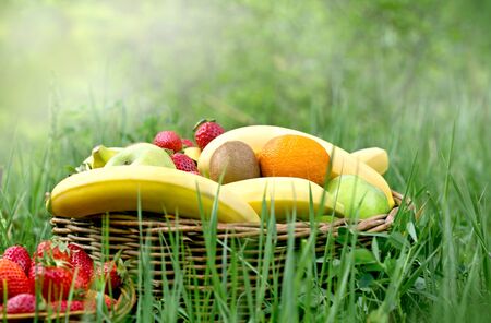 Organic fruit in basket on spring grass, healthy vegetarian foodの写真素材