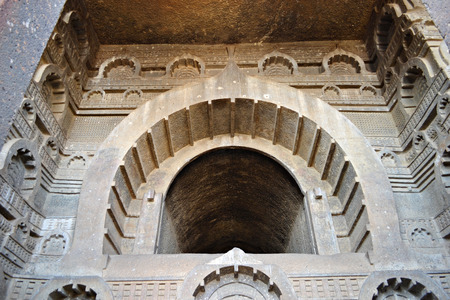 Entrance arch at Bedsa Buddhist caves are 1000 years old Bedsa Maharashtra Indiaの写真素材