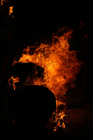 Burning Falla in Valencia. Big column of fireの写真素材