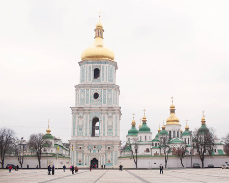 KIEV, UKRAINE - FEBRUARY 25, 2015: View of the Hagia Sophia (St. Sophia Cathedral) and the bell towerのeditorial素材