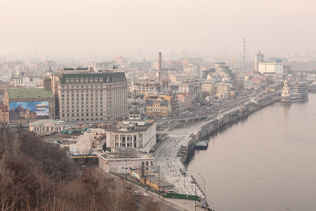 KIEV, UKRAINE - March 11, 2015: View of the Hemline - historical district Kiev in evening.のeditorial素材