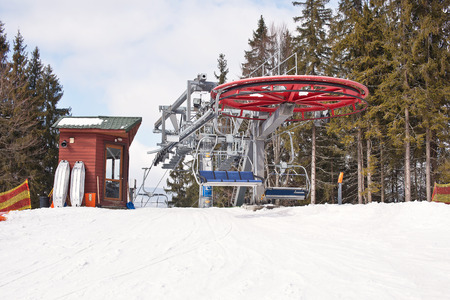 The mechanism of the chair lift. Bukovel ski resort. Ukraineの写真素材