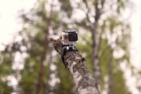 Video camera GoPro tied to the wooden log