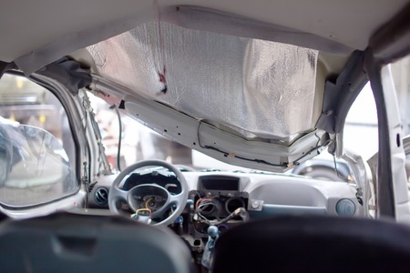 Crashed silber car inside view.の写真素材