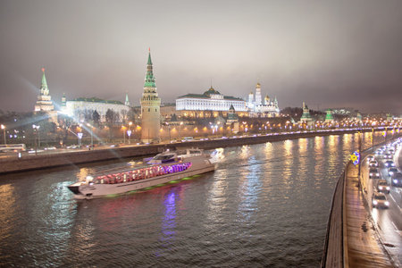 Pleasure boat on the Moscow - the river in the evening. Russia.の写真素材