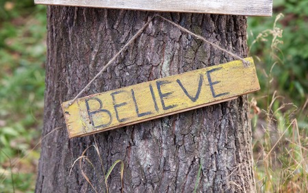 A wooden plaque with the word - believe.の写真素材