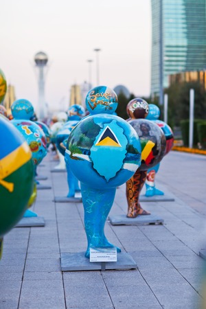ASTANA, KAZAKHSTAN - August 03, 2016: Art installation in the form of sculptures symbolizing the a countries of the worldのeditorial素材