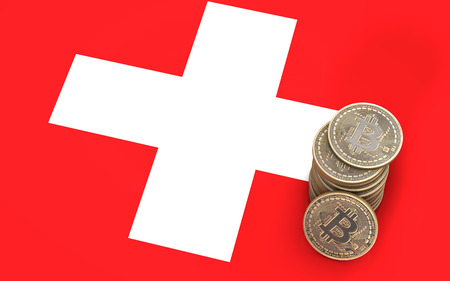 A pile of Bitcoin coins stands on the flag of Switzerland. 3D render.の写真素材
