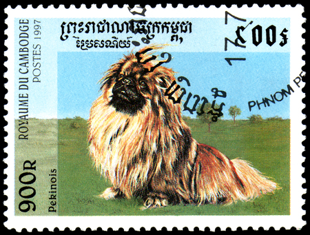 CAMBODIA - CIRCA 1997: a postage stamp, printed in Cambodia, shows a Pekingese dogのeditorial素材