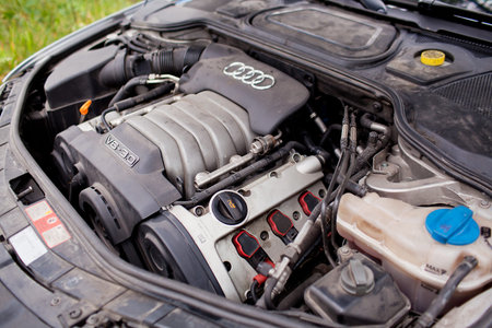 KYIV, UKRAINE - August 7, 2017: Engine compartment of luxury cars Audi A8.