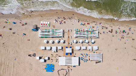 Chernomosk, Ukraine - June 30, 2018: Aerial view of the coastline with a beach and sea with waves - top.の写真素材
