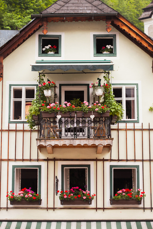 Old vintage wooden balconies in the Austrian city of Halltatt.の写真素材