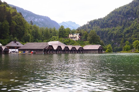 Wooden dock for boats on Konigssee Lake, Austria.の写真素材