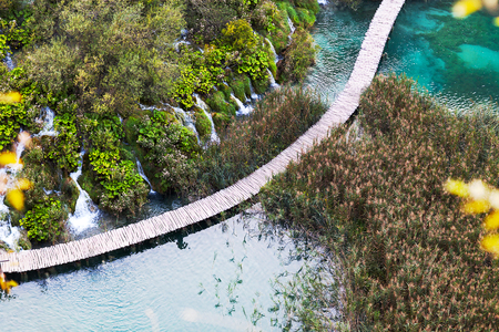 Aerial view on wooden bridge over the lake, Plitvice Lakes.の写真素材