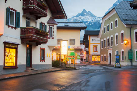 Lofer, Austria - May 28, 2018: Evening street lit by lanterns.のeditorial素材