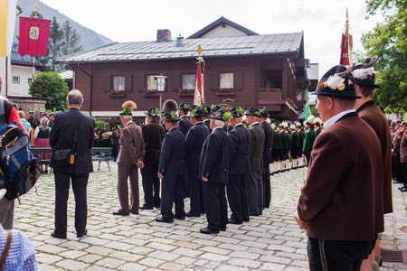 Lofer, Austria - May 31, 2018: Military parade in national costumes.のeditorial素材