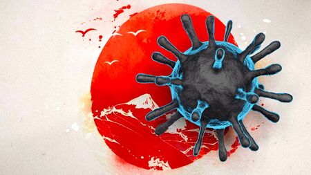 3D model of blue Coronavirus on a Japan flag background.の写真素材