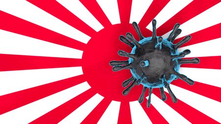 3D model of blue Coronavirus on a Japan flag backgroundの写真素材