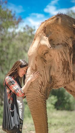 A woman with elephantのeditorial素材