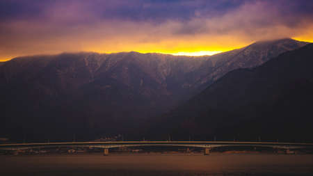 Mt.Fuji before sundown in autumn at lake kawaguchiko, Japanの写真素材