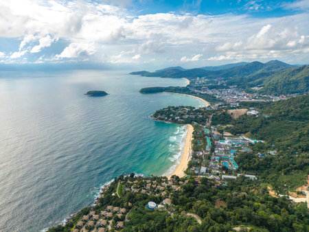 Horizontal aerial view of the beautiful 3 beaches of Kata, Kata Noi, and Karon Beach viewpoint at Phuket, Thailand.の写真素材