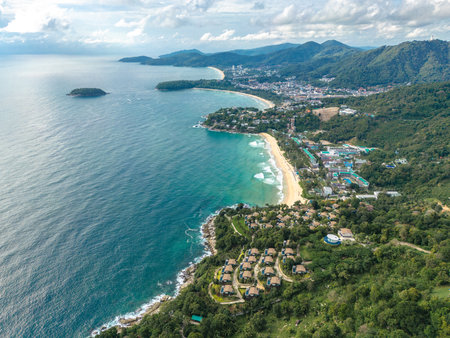 Horizontal aerial view of the beautiful 3 beaches of Kata, Kata Noi, and Karon Beach viewpoint at Phuket, Thailand.の写真素材