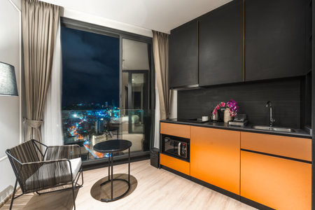 Interior of a modern apartment, kitchen and dining area. Nobody insideの写真素材
