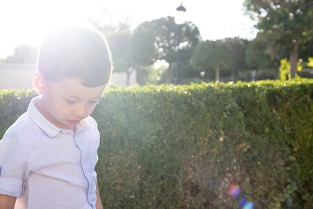 two year old boy enjoying a sunny day. The light enters the objective of the camera creating a magical lightの写真素材