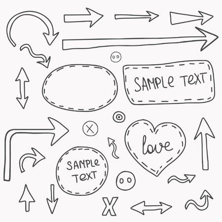 Collection of hand grunge arrows and templates for text. Drawing arrows in the old style. Vector illustration for your design. Color can be changed in one click.のイラスト素材