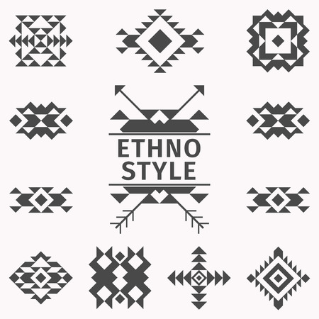 Aztec set. Vector abstract geometric elements, tribal art, ethnic collection, for design logo, cards, backgrounds. Hand drawn illustrationのイラスト素材