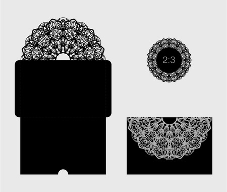 Wedding invitation with a vintage pattern. Square envelope and card for laser cutting or die cutting template. Vector illustration.のイラスト素材