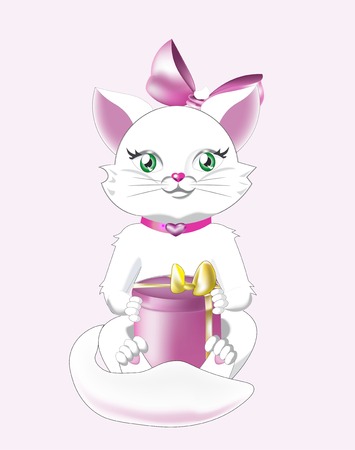 white cat with green eyes and a pink giftのイラスト素材