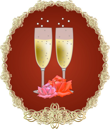 glasses with white wine and two red rosesのイラスト素材