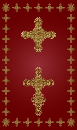 two gold knitted a cross on a red backgroundのイラスト素材