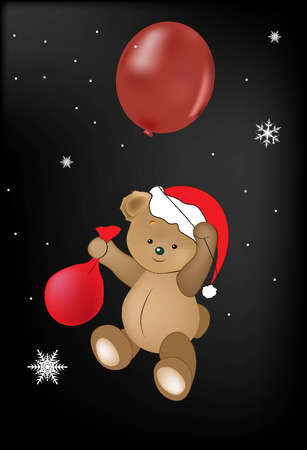 Lovely teddy bear by a balloon in the sky with a bag of gifts and in a red capのイラスト素材