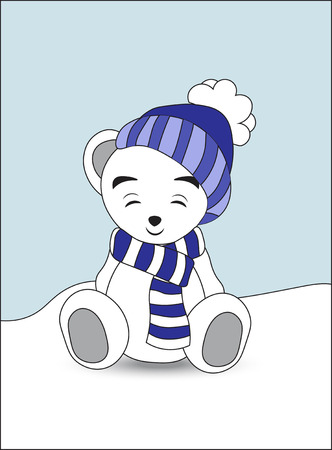lovely polar teddy bear in a cap and a scarf sits on snow with the closed eyesのイラスト素材