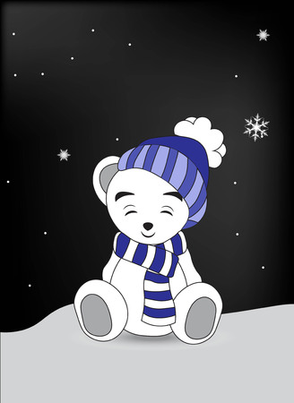 lovely polar teddy bear in a cap and a scarf sits on snow with the closed eyesのイラスト素材