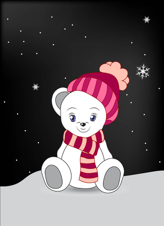 lovely polar teddy bear in a cap and a scarf sits on snowのイラスト素材