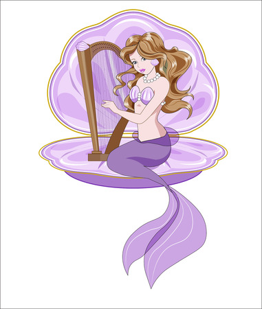 The Little Mermaid with long hair plays a harpのイラスト素材