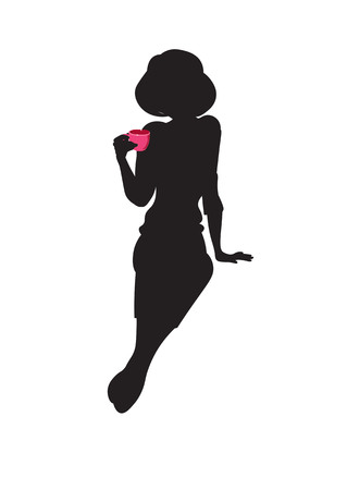 girl sits and hold a cup with coffee, tea, cocoa, hot chocolate, a silhouetteのイラスト素材