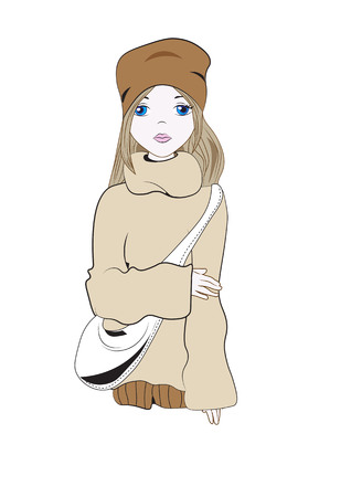 young, modern girl, in a cap, a sweater and with a bagのイラスト素材