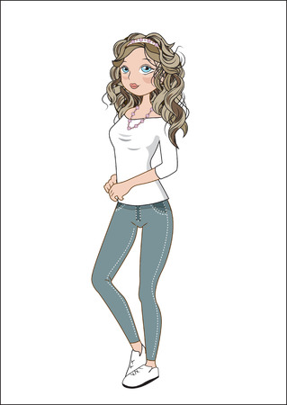 the beautiful sports girl, with a voluminous hair in sneakers and the fitting jeansのイラスト素材