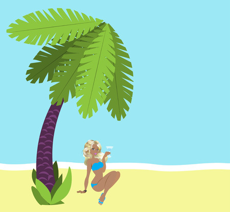 girl in a bathing suit, with an alcohol glass, under a palm treeのイラスト素材